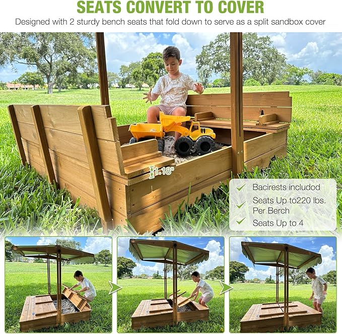 GUTINNEEN Sandbox with Lid and Cover for Kids Outdoor with 2 Foldable Bench Seats, Adjustable Canopy and Sand Protection Liner, 47.2 L x 47.2 W x 51.9 H