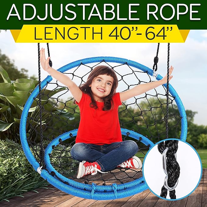 SereneLife Hanging Netted Seat Swing - 35.5 Inch Kids Indoor Outdoor Yard Round Circle Saucer Swing for Trees or Swing Sets - All Season UV Resistant Rope Swing Net Seat - SLSWNG125