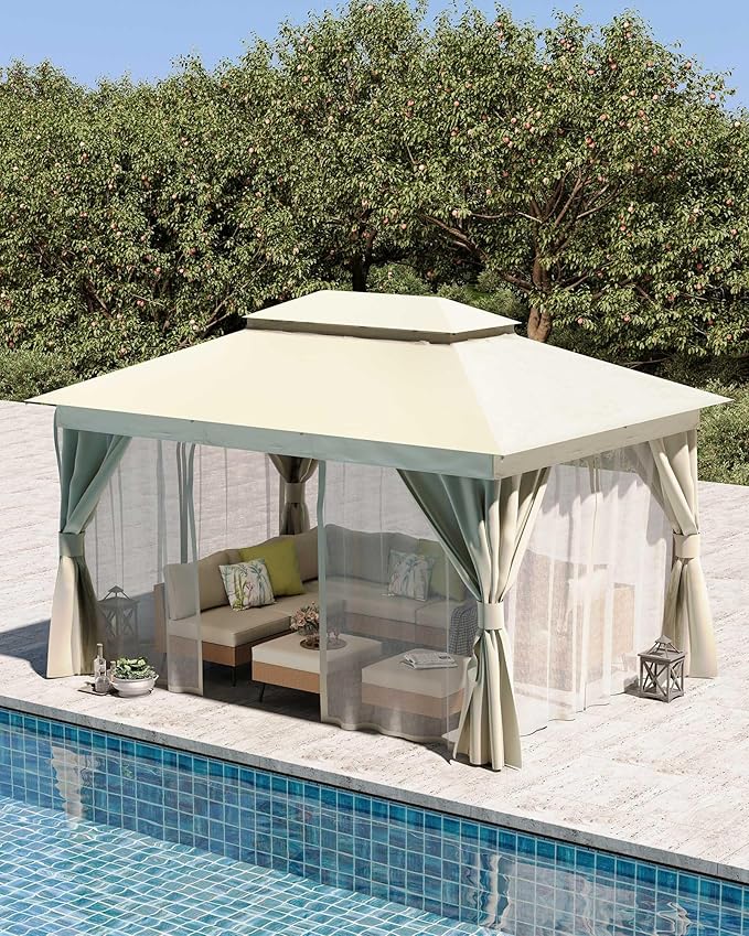 LAUSAINT HOME 10x13ft Outdoor Patio Gazebo with Double Roof, Heavy Duty Waterproof Gazebo Canopy Tent with Mosquito Netting for Backyard, Garden, Lawn & Wedding, Cream White