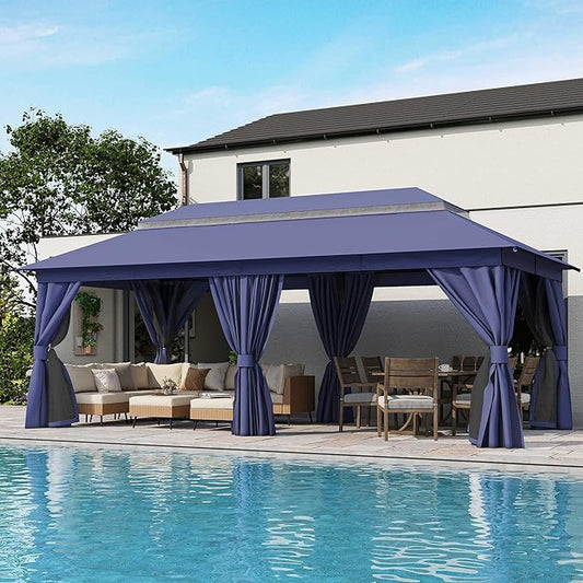 LAUSAINT HOME Semi-Permanent Patio Gazebo 10'x20' with Expansion Bolts, Outdoor Heavy Duty Party Shelter with Double Roofs, Nettings and Privacy Screens for Backyard, Garden, Lawn, Navy Blue