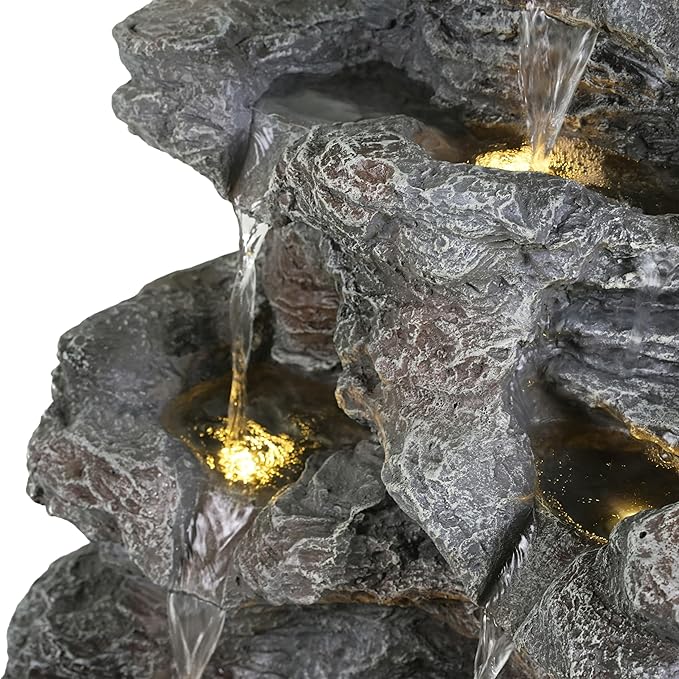 Merax 5-Tiered Concrete Tall Slim Fountain – 23.85" H LED Lit Outdoor Water Feature, Space-Saving Modern Design for Patio, Garden, Balcony, All-Weather Resistant