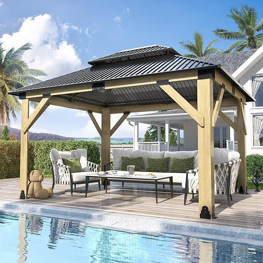 GARTOO 11’x13’ Outdoor Wooden Gazebo - Patio Galvanized Steel Gazebo with Double Vented Roof, Heavy-Duty Wooden Gazebos for Garden, Lawn, Poolside, Backyard Deck