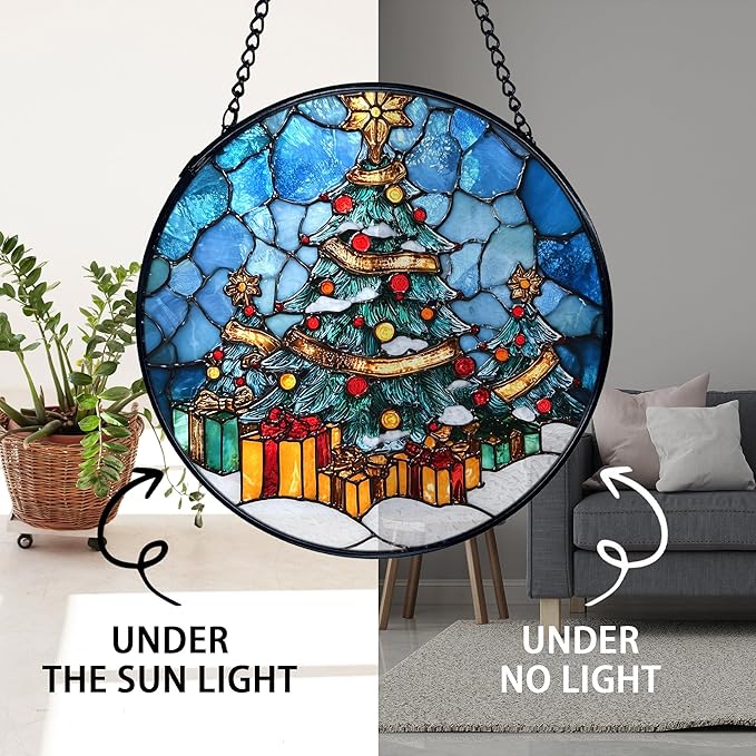 TNUW Christmas Tree Stained Glass Window Hanging, Winter Tree Xmas Sun Catchers Indoor Window Glass Round Wall Art Decor, Winter Christmas Wall Hanging Decorations, 7.9＂x7.9＂