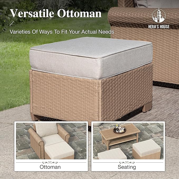 HERA'S HOUSE 6-Piece Patio Furniture Set, All Weather 7 Seats Outdoor Wicker Sofa with Ottomans, Rattan Patio Conversation Set with 5.5" Cushions and 44" Coffee Table, Beige
