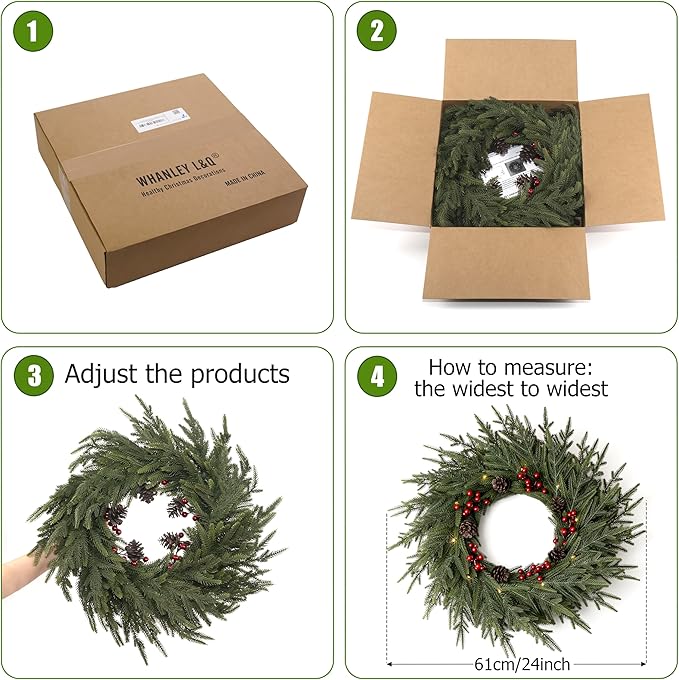 Christmas Wreaths for Front Door - 24" Artificial Christmas Wreath - Real Touch Norfolk Pine Wreath for Door,Wall,Windows,Indoor Outdoor -Christmas Decorations -Holiday Decor -Free Battery LED Lights