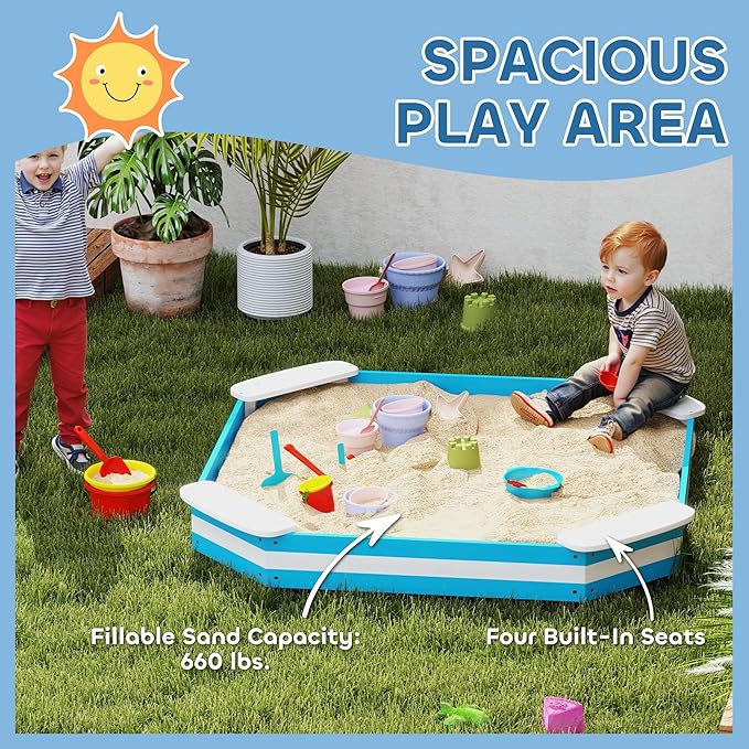 Qaba Kids Sandbox, Outdoor Wooden Sand Pit with 4 Corner Seats, Bottom Liner for Backyard, Garden, 52 x 52 x 6, Blue