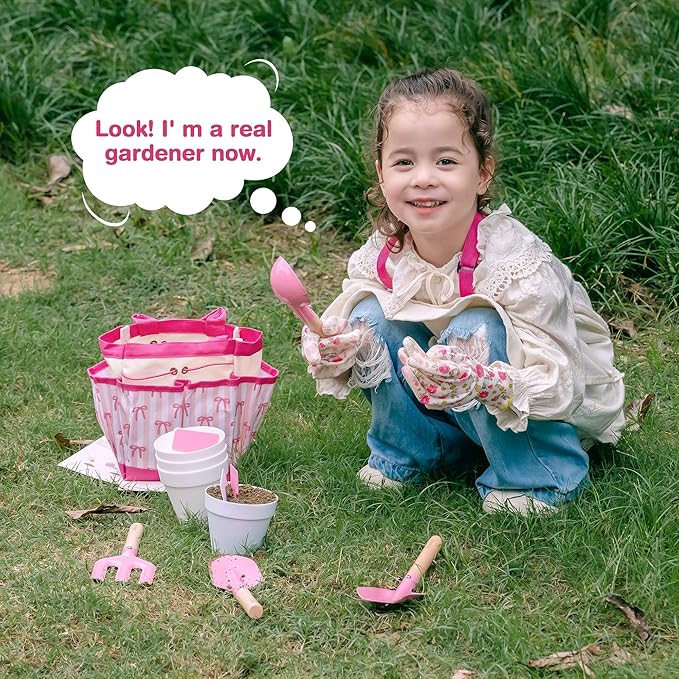 ROBUD Kids Gardening Set 18 PCS Bow Theme Garden Tools for Kids with Storage Bag, Apron, Waterproof Gloves, and Planting Cards – Educational Outdoor STEM Gardening Toy Gift for Girls and Toddlers