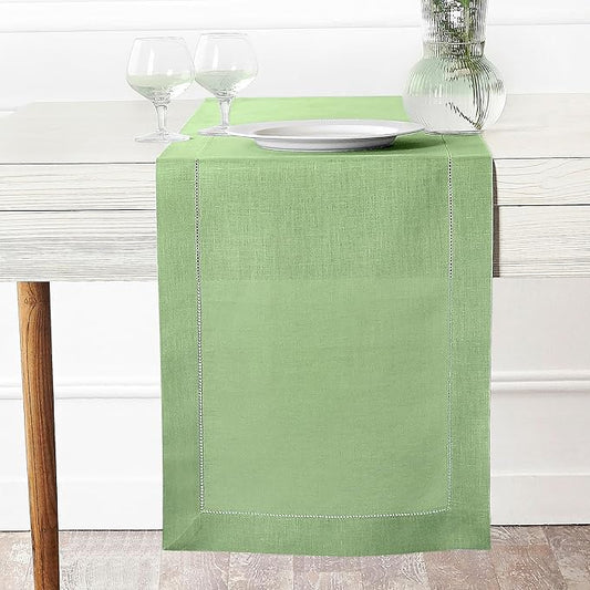 D'Moksha Homes Linen Sage Green Table Runner 84 Inches Long - 100% Pure Linen Table Runner 14 x 84 Inch for Fall, Thanksgiving, Christmas, Holiday - Classic Hemstitch