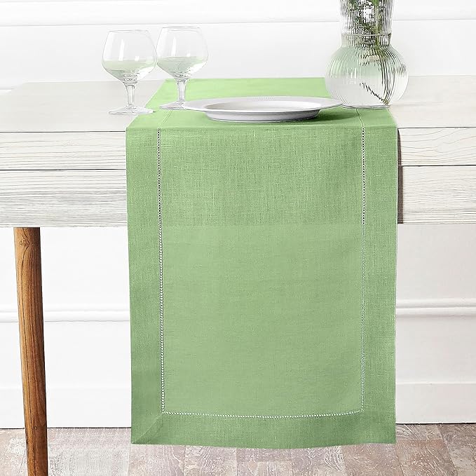 D'Moksha Homes Linen Sage Green Table Runner 48 Inches - Classic Hemstitch, 100% Pure Linen Coffee Table Runner 14 x 48 Inch Ideal for Dresser Tables - Fall, Thanksgiving, Christmas, Holiday