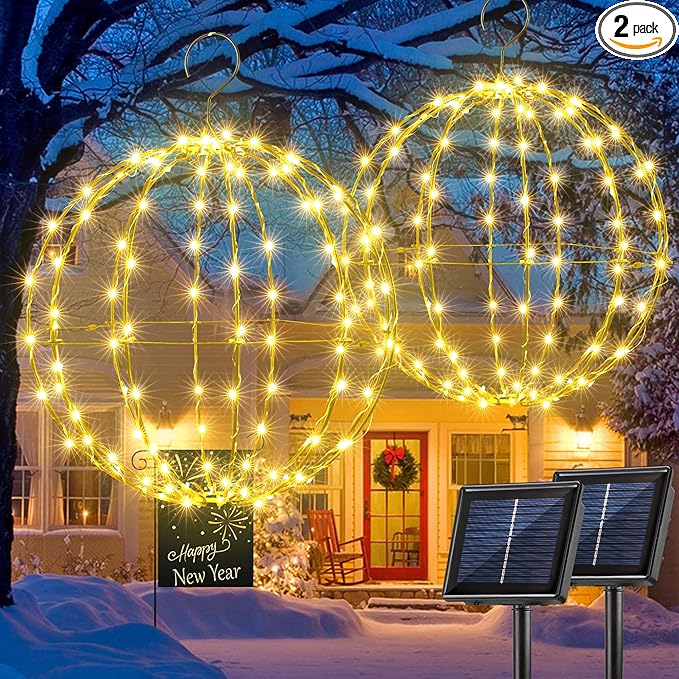 Joomer Christmas Solar Ball Lights, 13IN & 11IN Foldable Metal Sphere Lights Waterproof 8 Modes with Hook, Solar Powered Hanging Globe Light for Outdoor Christmas Decoration (2 Pack, Warm White)
