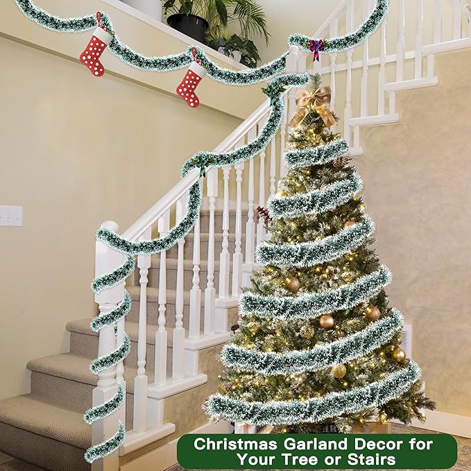 50FT Christmas Tinsel Garland Metallic Twist Shiny Christmas Tree Decorations, Xmas Holiday Hanging Garland for Home Mantle Stair Indoor Outdoor Party Supplies Decor- Green White