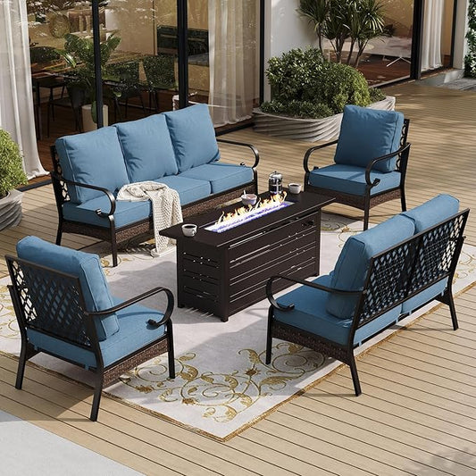 5 Piece Metal Outdoor Patio Furniture Sets with Firepit Table, Patio Conversation Sets 1 3-Seater Sofa, 1 Loveseat, 2 Single Sofa with 5.75" Cushion for Backyard Deck, Denim Blue