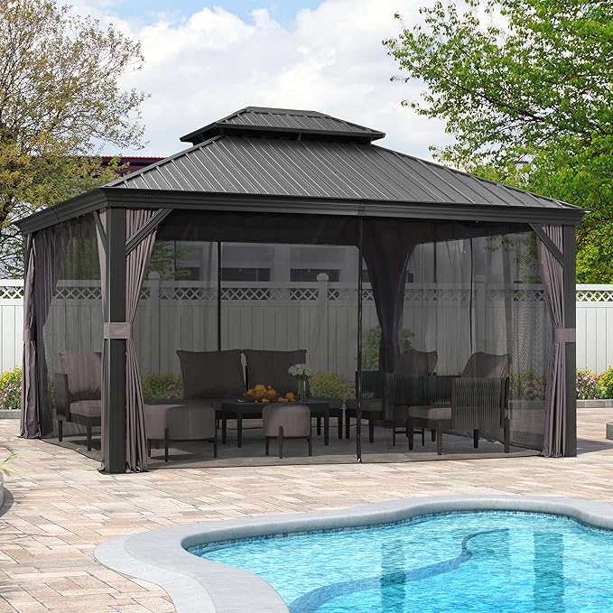 PURPLE LEAF 12' X 14' Hardtop Gazebo Aluminum Permanent Outdoor Gazebo with Galvanized Steel Double Roof for Patio Backyard Curtains and Netting Included Grey