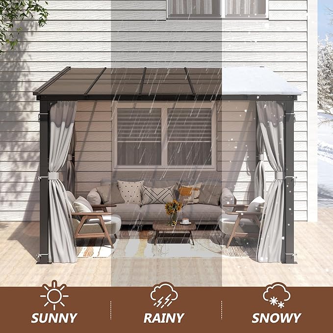10 x10FT Outdoor Wall-Mounted Hardtop Gazebo, Aluminum Frame Lean to Gazebo with Polycarbonate Roof and Curtains for Patio, Garden, Deck