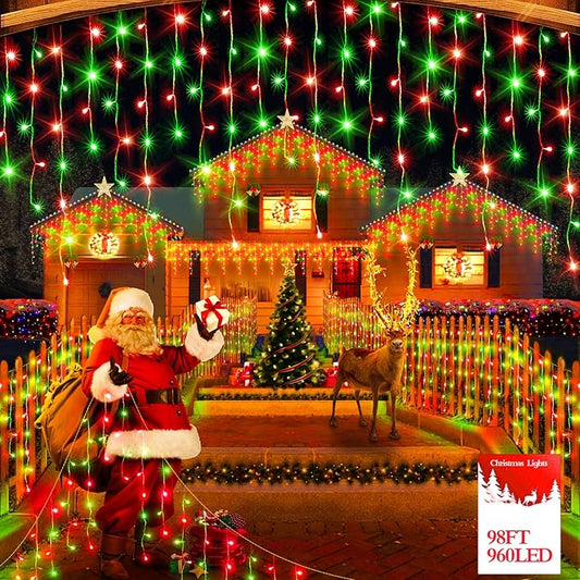 98FT 960 LED Christmas Lights , Waterproof 8 Modes Ice Lights for Outside with Memory and Timer Hanging Fairy Lights Plug-in Curtain String Lights for Holiday Party Wedding Home (Red and Green)