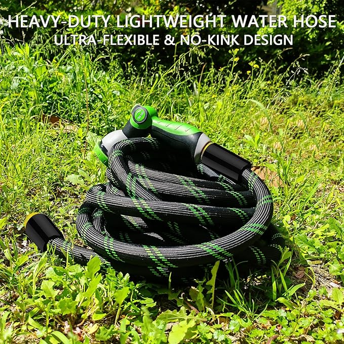 Garden Hose 50 FT, NON-EXPANDABLE Heavy-Duty Flexible & Lightweight Water Hose with 10-Function Nozzle, No-Kink Design, Leak-Proof Super Fabric, Solid Fittings for Lawn, Car, RV