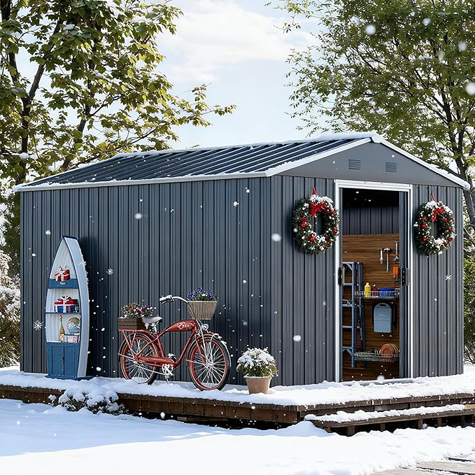 10x8 FT Outdoor Storage Shed, Large Garden Tool Metal Sheds with Sloping Roof and Lockable Door, Outdoor Storage Shed for Backyard Garden Patio Lawn, Grey