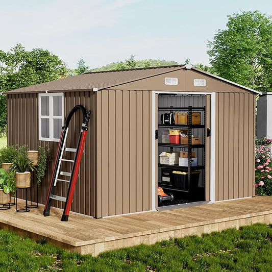 10x8FT Outdoor Storage Shed with Floor & Lockable Sliding Doors,Metal Storage Shed with 1 Air Vents,Waterproof Garden Shed for Backyard,Patio, Lawn,(Brown,Base Included)