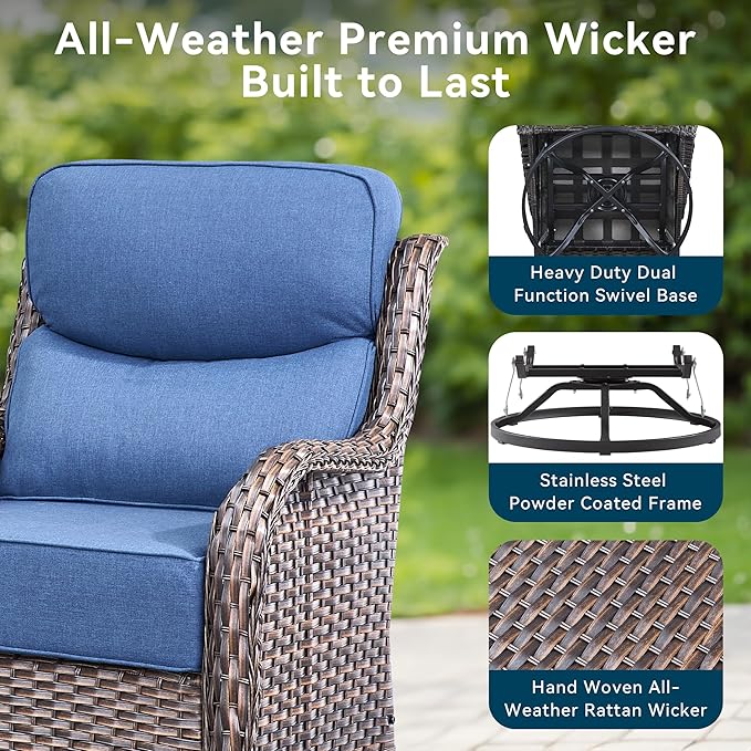 Luxury High Back Outdoor Swivel Rocker Patio Chairs with Side Table & 6-Inch Thick Cushions, 2 Pieces Patio Furniture Set for Porch, Balcony, Deck and Yard