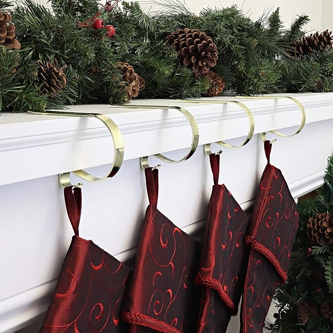 Haute Decor The Original MantleClip Stocking Holder - 4 Pack (Brass) - Hang Christmas Stockings Safely and Securely - Adjusts to Fit Various Mantels