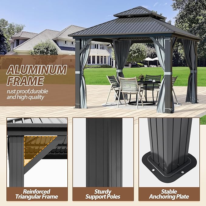 9.5' x 9.5' Hardtop Gazebo, Galvanized Steel Double Roof Gazebo with Nettings and Curtain Outdoor Aluminum Frame Vertical Stripes Roof Gazebos for Patio, Deck,Backyard