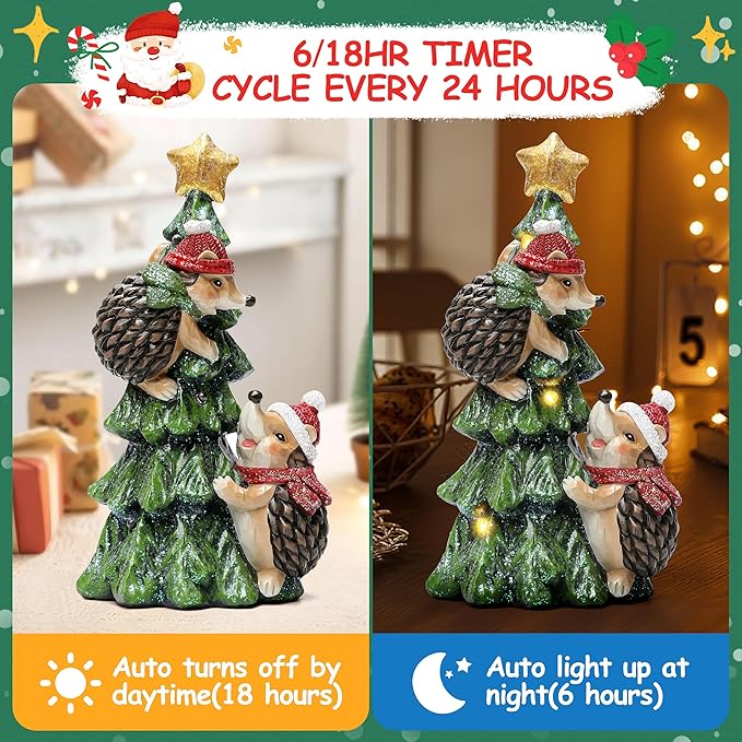 Christmas Hedgehog Statue with Lights for Christmas Decorations Indoor, Christmas Tree Hedgehog Figurine for Home Decor, Winter Xmas Holiday Decor for Table Shelf Mantle Fireplace,Xmas New Year Gifts