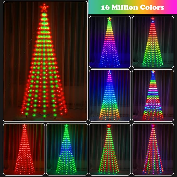 8FT Lighted Outdoor Christmas Tree, 340 LED Smart Cone Tree, Music Sync RGB Fairy Lights, LED Light Show, APP and Remote Control, Timer Function, Perfect for Outdoor Christmas Decorations