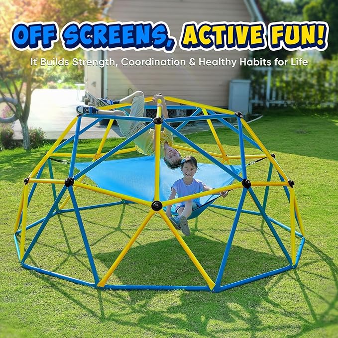 Zupapa 10FT Climbing Dome with Hammock, Outdoor Jungle Gym for Kids, Geometric Dome Climber Supporting 1000LBS Outdoor Play Equipment, Yellow&Blue