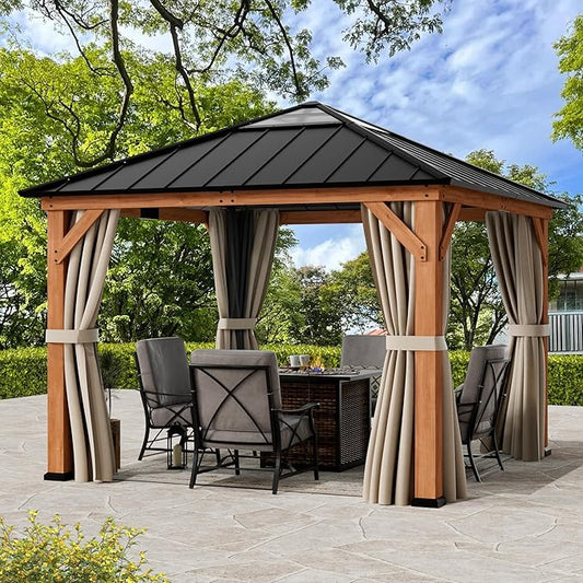 Modern Shade Tranquil Grove Wood Gazebo 11' x 11', Wooden Gazebo with Polycarbonate Hip Roof Hardtop, Mosquito Netting and Curtains, Permanent Hardtop Pavilion with Sturdy Hooks for Garden, Backyard