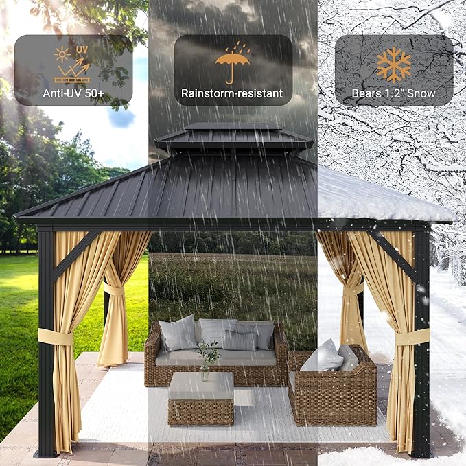 Outdoor Hardtop Gazebo 10x12 FT Heavy Duty Aluminum Gazebo with Double Roof, Metal Frame Patio Canopy with Netting, All-Weather Protection Metal Canopy for Patio, Garden, Poolside (Khaki)