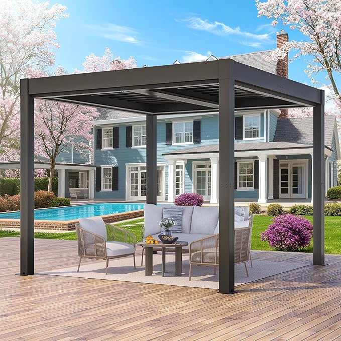 Greesum 10x10FT Outdoor Aluminum Pergola, Electric Adjustable Louvered Pergola with LED Lights and Gutter System, Metal Gazebo for Patio, Deck, Garden, Yard, Black