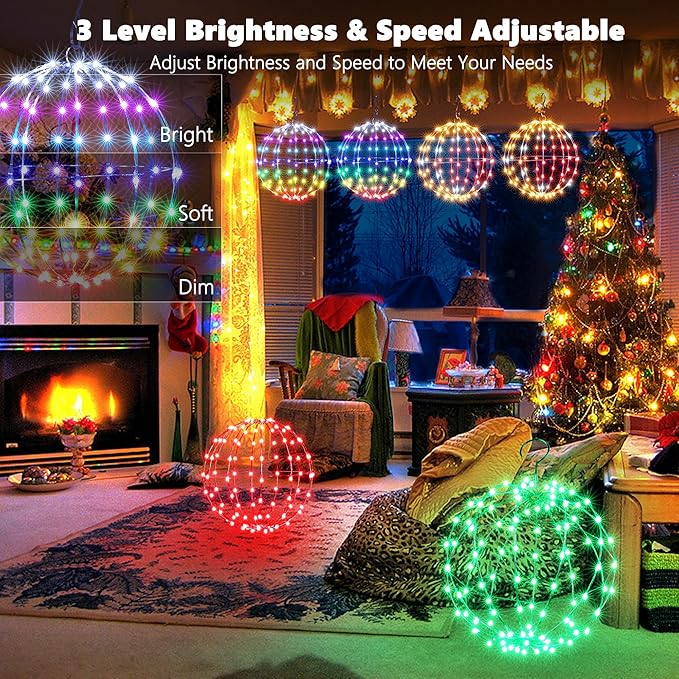 Joomer Smart RGB Christmas Hanging Ball Lights, 12in 108 LED Foldable Color Changing Xmas Light, App and Remote Control, Waterproof Outdoor Fairy Globe Lights for Christmas Decor (Non-Connectable)
