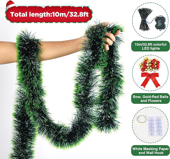 32 Feet Christmas Garland with Lights, DIY Christmas Tree Wall Corner Decor Artificial Garland with Butterfly, Flower and Balls, Battery Operated (Battery Not Included) for DIY Decoration