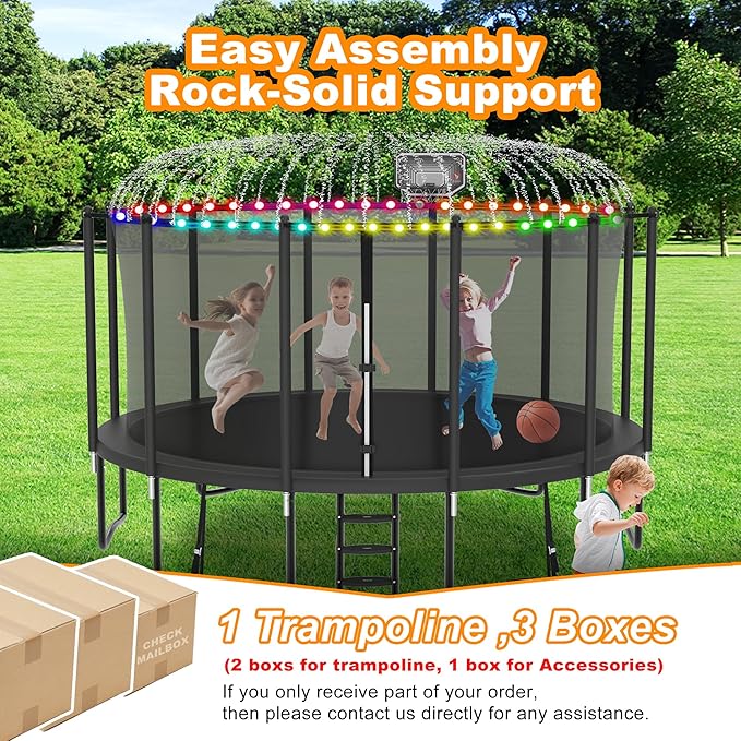 DeepRoar 2026 Upgraded 8FT 10FT 12FT 14FT 15FT 16FT Outdoor Tranpoline for Kids, Big tranpoline with Basketball Hoop, Lights, Sprinkler & Socks, Heavy Duty tranpoline 1500LB, ASTM Approved Tranpoing