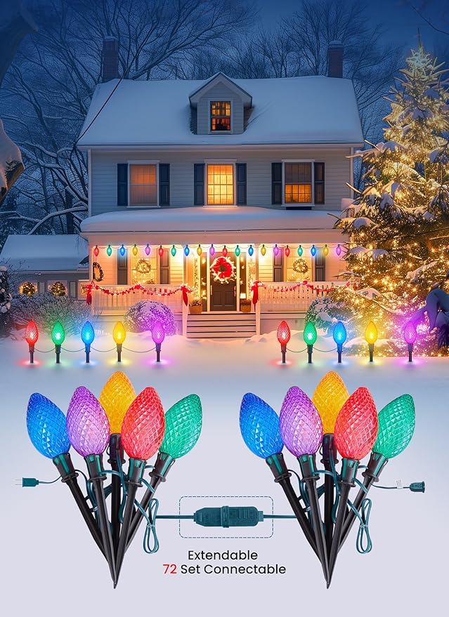 Minetom Double C9 Christmas Pathway Lights Outdoor - 13.5Ft 10 LED with 10 Marker Stakes for Walkway, Waterproof Plug in C9 Strawberry Christmas Lights for Driveway Lawn Decorations