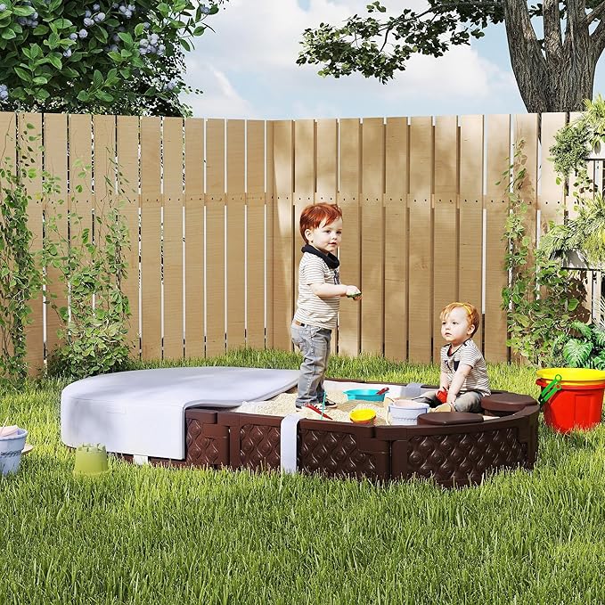 Qaba Kids Sandbox with Cover, Oval 71 HDPE Large Sand Pit with 4 Seats, Waterproof Bottom Liner, Weather Resistant Outdoor Sand Box for Backyard, Lawn, Garden, Beach, Patio, Brown