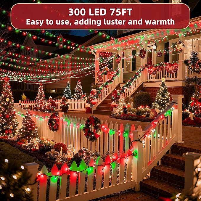 300 LED Outdoor Christmas Lights 75ft, 12 Lighting Modes Indoor String Lights Dimmable & Timer Memory, Outsite Waterproof Tree Lights for Xmas Garden Wedding Party Holiday Decorations Red & Green