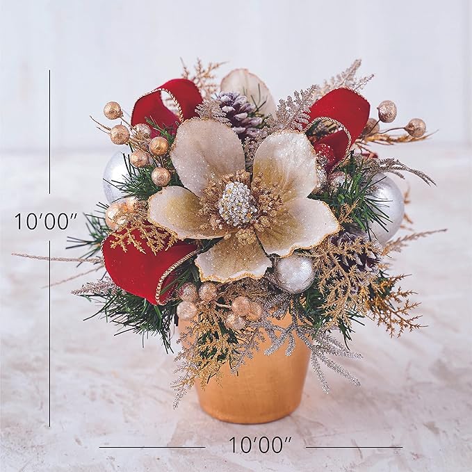 Holiday Tree Christmas Centerpiece - Glam Magnolia Arrangement with Pot. A Unique Design Ornament to Brights Out Your Christmas Atmosphere
