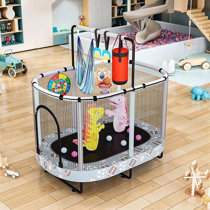 LAMERGE 55" 7-in-1 Round Trampoline for Kids Boys & Girls Ages 1-8, Indoor & Outdoor Trampoline for Fun, Adjustable Height Handrail ＆ Enclosed Safety Net ＆ Durable Designs for Toddlers Children