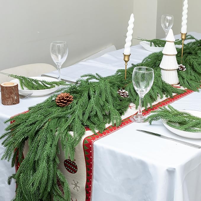 2 PCS 6FT Norfolk Pine Garland Realistic - 72" Thick Deluxe Faux Christmas Greenery Garland Artificial Green Winter Pine Garlands for Mantle Staircase Table Indoor Outdoor Holiday Decoration