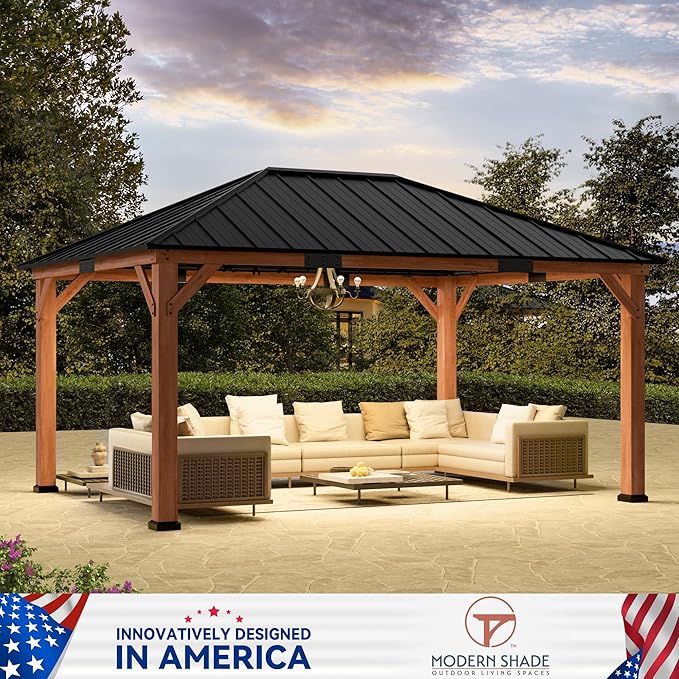 Modern Shade Tranquil Grove Wood Gazebo 12' x 16', Permanent Grill Gazebo with Galvanized Steel Hardtop Roof, Cedar Framed Wooden Pavilion for Garden, Backyard