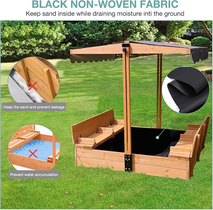 Large Wooden Kids Sand Box with Cover,Sandbox with Lid Foldable Beench Seats,Sand Boxes for Backyard Garden, Beach Patio Outdoor