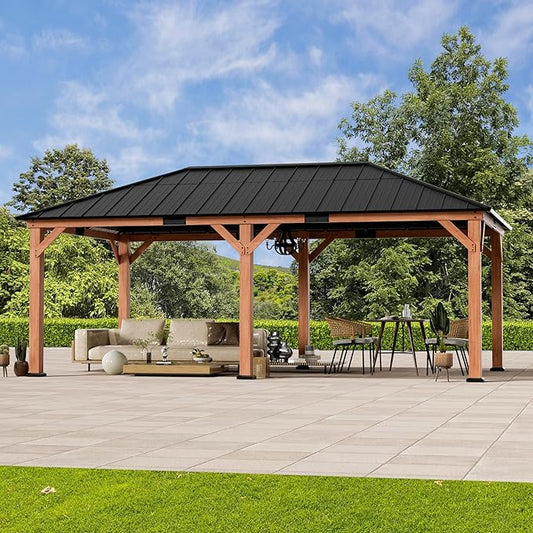 Modern Shade Tranquil Grove Wood Gazebo 12' x 20', Permanent Grill Gazebo with Galvanized Steel Hardtop Roof, Cedar Framed Wooden Pavilion for Garden, Backyard