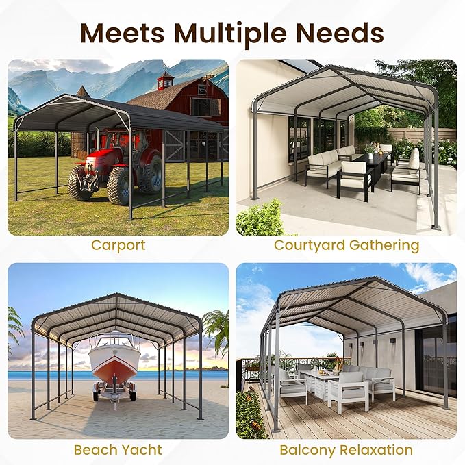 Wisteria Lane 12x20FT Metal Carport, Heavy Duty Carport Canopy with Reinforced Frame and Base for All-Weather, Outdoor Garage Car Port for Boats, Tractors, Pickup Trucks or Party, Dark Gray