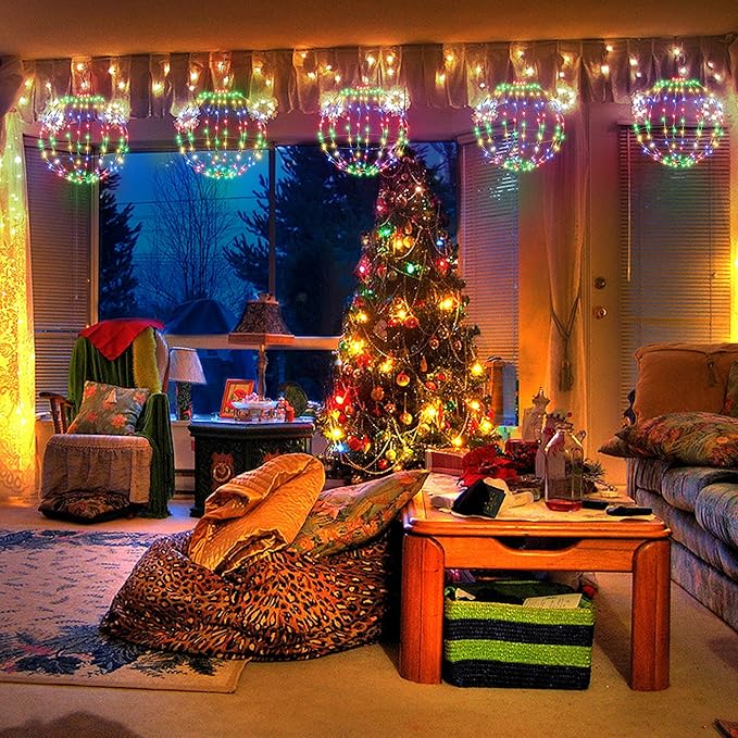 Joomer Battery Operated Christmas Ball Lights 2Pack, 13IN & 11IN Foldable Metal Sphere Lights, Waterproof 8 Lighting Modes with Timer Function, Hanging Light for Christmas Decorations (Multicolor)