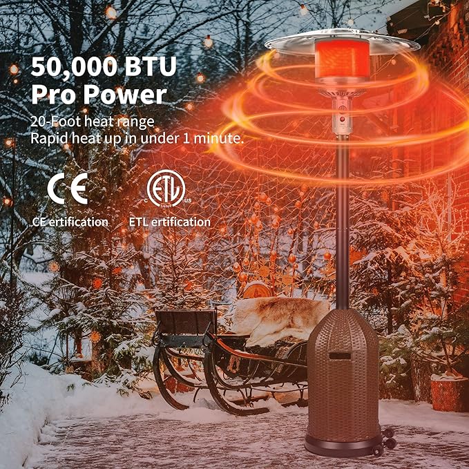 MAJARO 50,000 BTU Outdoor Propane Patio Heater with Wheels ? Wicker-Style Propane Tank Cover, Weighted Base, Easy Ignition & Safety Tilt Shut-Off for Patio & Outdoor Living Spaces