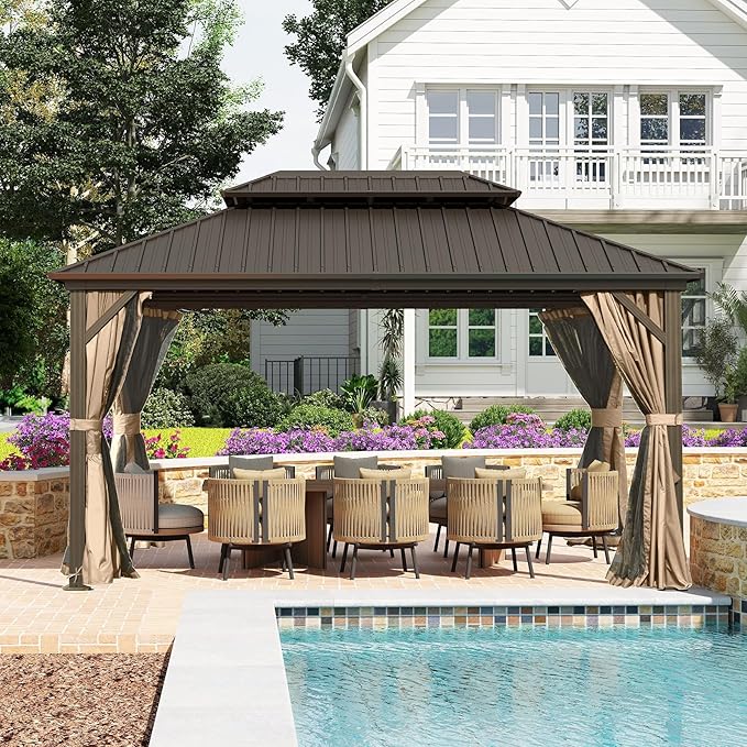 Domi 10'x14' Hardtop Gazebo Canopy, Outdoor Metal Gazebo with Galvanized Steel Double Roof,Curtain and Netting,Permanent Pavilion for Patio Deck,Backyard