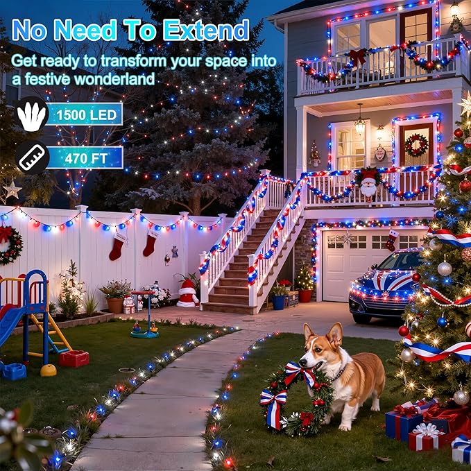 1500LED Christmas Lights Outdoor Use, 470ft 12 Modes Red Blue and White LED String Lights with Timer Dimmable, Waterproof Christmas Tree Lights for Xmas Patio Yard Fence Balcony Garden Decor