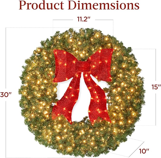 Best Choice Products 30in Large Artificial Pre-Lit Fir Christmas Wreath Holiday Accent Decoration for Door, Mantel w/Red Lighted Bow, 130 LED Lights, 220 PVC Tips, Power Plug-in