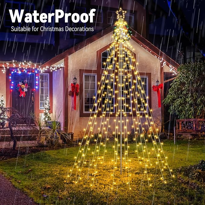 Flacchi 10 FT 404 LED Star String Lights Outdoor - Pole Set with Remote, Multiple Lighting Modes, Timer, and Waterproof Feature for Ultimate Holiday Decor (Warm White)